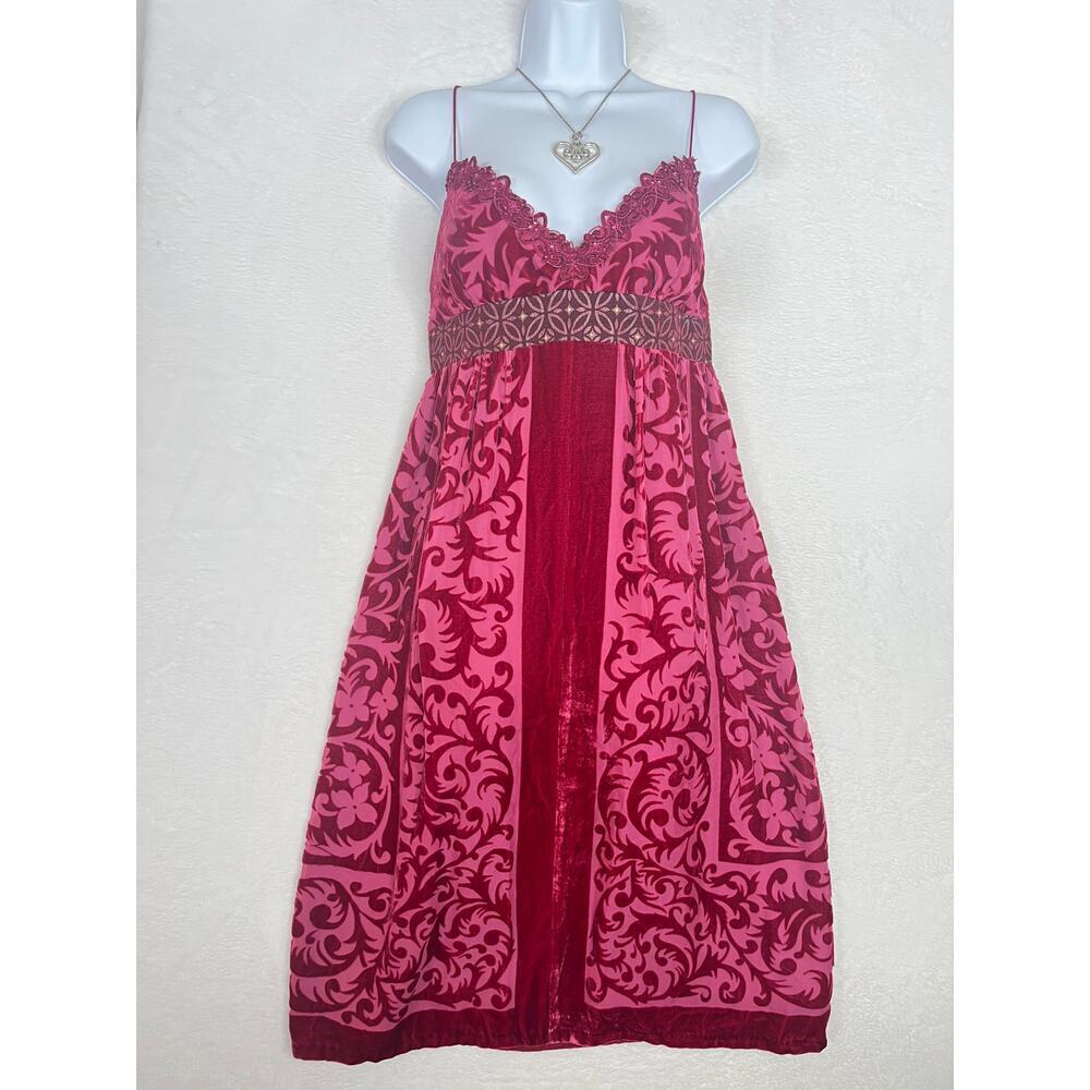 VTG Nicole Miller Rayon/Silk Crushed Velvet Pink Empire Waist Midi Dress sz 10